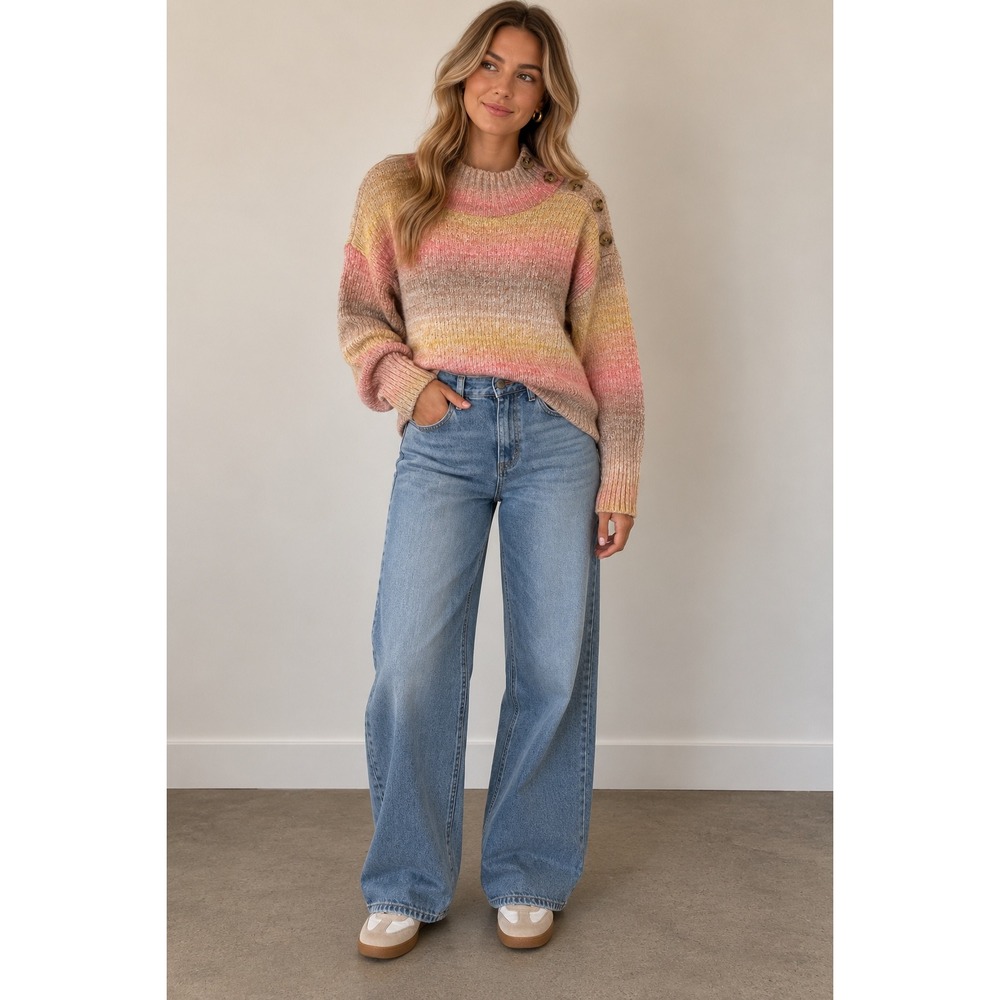 Talbots Pink Yellow Ombre Mock Neck Button Shoulder Knit Sweater Small A71